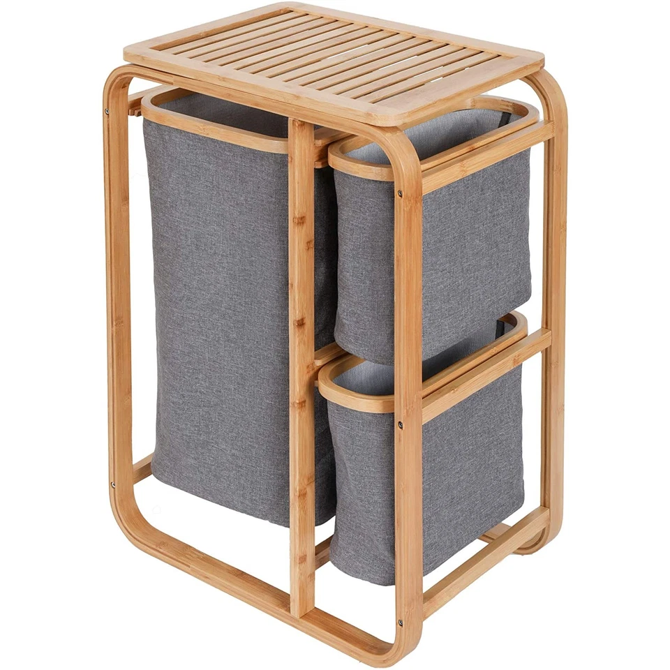 Wäschekorb aus Bambus mit Drei Wäschesack Badezimmerregal Badregal Grau - Bild 1 von 4