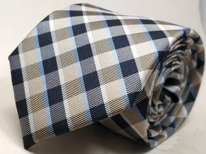 JS BLANK  100% Silk Tie Men's Brown Beige Navy Blue White Plaid NEW - Picture 1 of 4