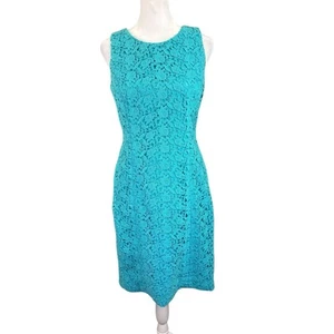 Talbots Petites 6P Sleeveless Sheath Dress Floral Lace Overlay Turquoise Cotton - Picture 1 of 12