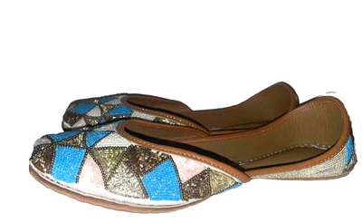 Handmade Beaded Indian Jutties Mojaries Flats Jutti 39/US 8-8.5 Gold /Turquoise - Image 1 of 4