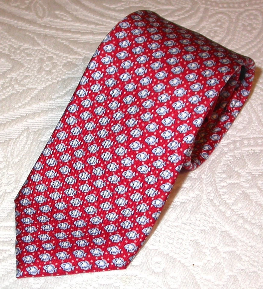 Tommy Hilfiger Hombre 100% Seda Corbata Papá Corbata Roja con Mini Pez 3" Ancho Retro Foto 1 de 4