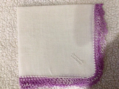 Single Hanky Crocheted & Monogrammed “H” Size 10 1/2” White/Orchid - Image 1 of 3