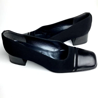 Stuart Weitzman 8.5 B 黑色浅口鞋方跟织物皮革帽头经典低帮 — 第 1/4 张图片