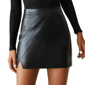 Women's High-Waisted Faux Leather Mini Skirt with Side Slit - Sleek Black Design - Picture 1 of 7