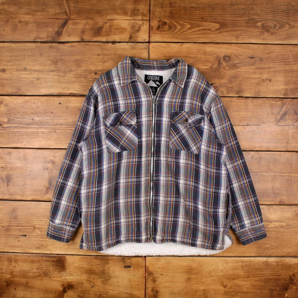 Vintage Cortina Outdoor Jacket L Sherpa Lined Zip Through Overshirt Plaid Blue - Image 1 of 4