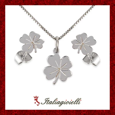 Parure Quadrifoglio Portafortuna in Argento 925 Rodiato Oro Bianco - Immagine 1 di 4