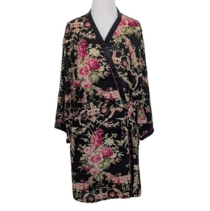 Vintage Oscar de la Renta Blumen Morgenmantel Damen Größe S/M schwarz rosa Vogel Kimono - Bild 1 von 13
