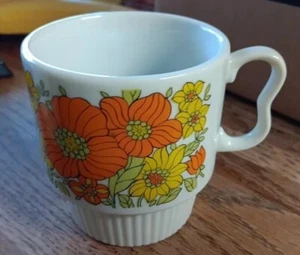 6er Set Vintage MCM Stylecraft gelb & orange Blume stapelbare Tassen Japan - Bild 1 von 15