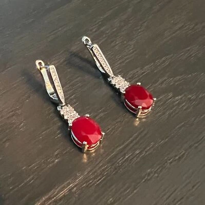Посеребренные женские серьги с синтетическим рубином драгоценными камнями ювелирные изделия с красным рубином - Изображение 1 из 4