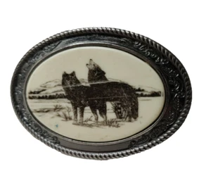 Scrimshaw Style Howling Wolves Belt Buckle - Picture 1 of 12