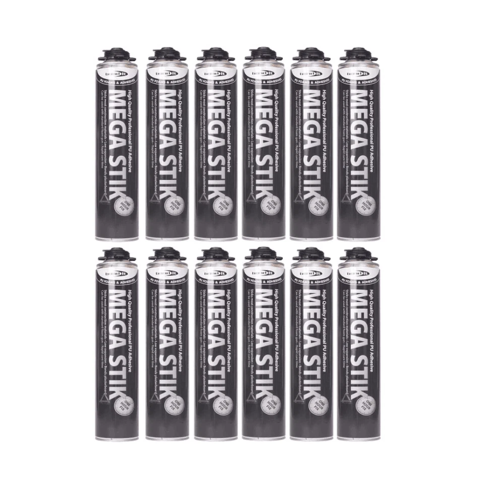 BOND IT 12x Plaster Board Adhesive Mega Stik Gun Grade 750ml PU ADHESIVE FOAM INSULATION