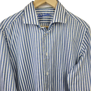 Robert Graham Shirt Mens Large Blue Stripe Embroidered Cutaway Collar Flip Cuff