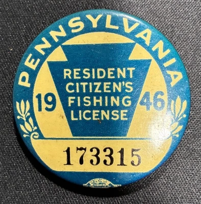 Botón de licencia de pesca de ciudadano residente de Pennsylvania 1946 vintage 173315 Foto 1 de 2