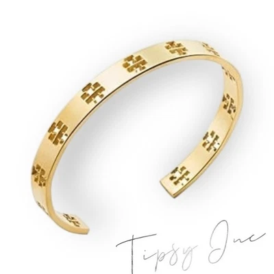 Bracelete de punho com logotipo perfurado dourado TORY BURCH - Imagem 1 de 4