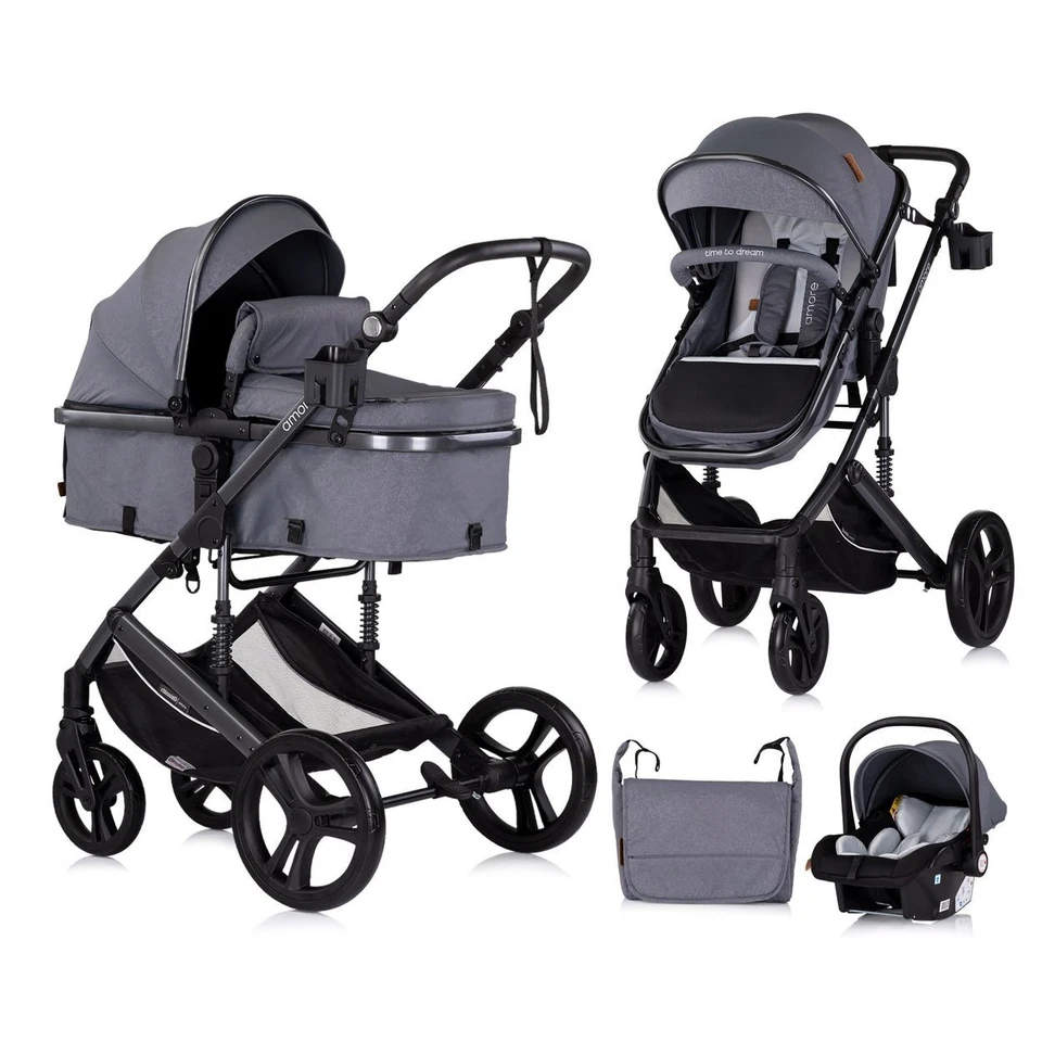 B-Ware Chipolino Kinderwagen 3 in 1 Amore Babyschale Adapter grau gemustert - Bild 1 von 4