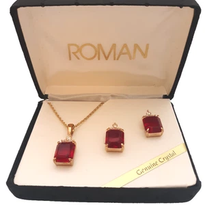 Vintage römische quadratische Kristall Halskette Ohrring Set Rubin rot goldfarben Dead Stock - Bild 1 von 5