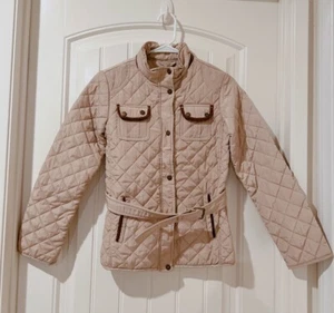 Massimo Dutti Quilted Jacket Size 13-14 Years Elbow Patches Belt Beige - Picture 1 of 9