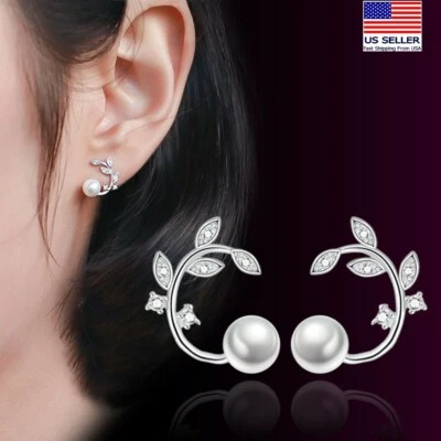 Fashion Women 925 Sterling Silver Earrings Pearls Crystal Leaf Flowers Stud 1305 - Image 1 of 4