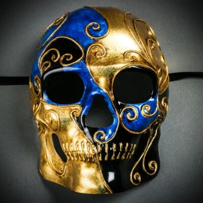 Day of the Dead Skull Mask Halloween Masquerade Venetian Costume Mask Blue Gold - Image 1 of 4