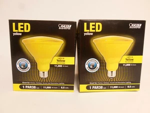 (2) LED YELLOW PAR38 FLOOD LIGHT WEATHERPROOF Indoor Outdoor Bulb Feit Electric - Picture 1 of 2