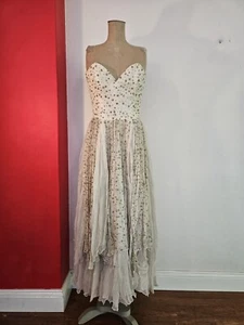 Vintage MICHAELA BUNJES SILK Wedding Cocktail Dress White Sparkly Gold Dots XS-S - Picture 1 of 24