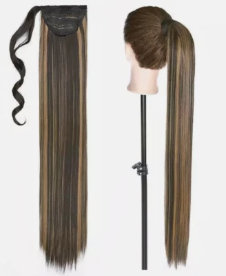 Long Straight Wrap Around Clip In Ponytail Human Hair Extension Brown 24 In - Image 1 of 4