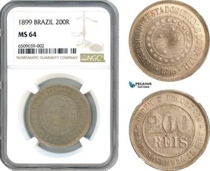 AH931, Brazil, 200 Reis 1899, NGC MS64, Pop 2/1, Rare Grade! - Picture 1 of 1
