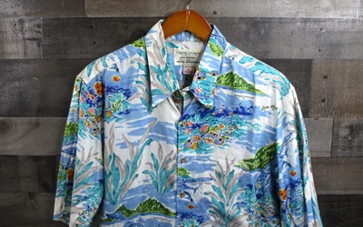 Reyn Spooner Hawaiian Shirt Mens Large Blue Robert Lyn Nelson Rayon Coral Reef - Image 1 of 4