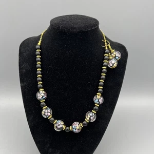 Halskette & Ohrringe venezianischer Stil Glas florales Design schwarze Perlen goldfarben 21 Zoll - Bild 1 von 8