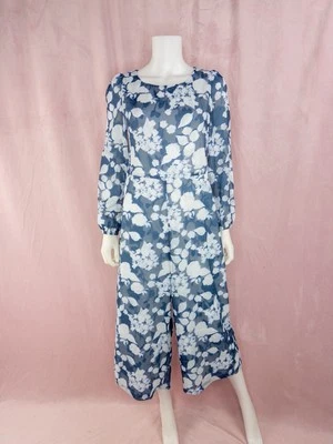 ABBEY GLASS Womens Blue Floral Jumpsuit Small Long Sleeve Preppy Southern - Image 1 of 4
