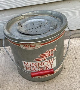 Vintage Old Pal 10Qt Galvanized Floating Minnow Bucket With Wooden Handle - Picture 1 of 14