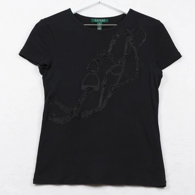 Camiseta LAUREN RALPH LAUREN Ecuestre Bordada Con Cuentas Brida Alborde Negra M Foto 1 de 4