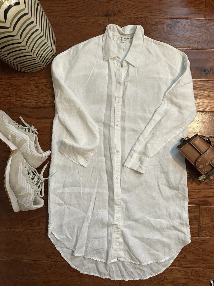 James Perse 100% 亚麻女式纽扣衬衫连衣裙 2 码白色 — 第 1/4 张图片