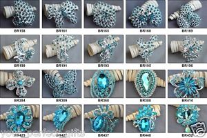 Blue Teal Turquoise Rhinestone Brooch Crystal Wedding Bouquet Pin -2