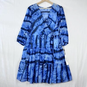 Calvin Klein Dress Size 12 Blue Tie Dye Faux Wrap Tired Semi Sheer Overlay NWT - Picture 1 of 14
