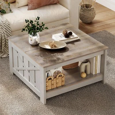 Farmhouse Square Coffee Table with Open Storage Compartment Wood Cocktail Table - Image 1 of 4