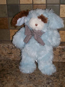 MUDPIE Blue Brown Plush Puppy Dog Checked Bow 9" Mud Pie - Picture 1 of 5