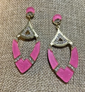 Hot Pink Teardrop Dangle Earrings Acrylic & Rhinestone Gold Tone Metal Pierced - Picture 1 of 6