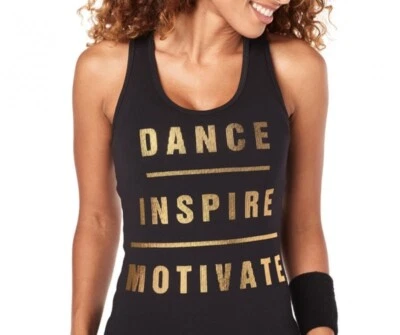 Camiseta sin mangas Zumba Racerback Dance Inspire Motivate con lámina dorada metálico Bling - M L Foto 1 de 4