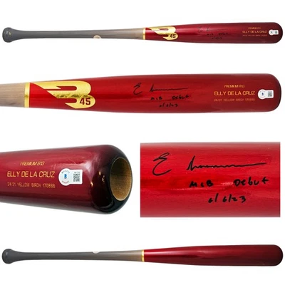 Elly De La Cruz Auto Red B45 Player Model Bat Reds MLB Debut 6/6/23 Beckett Wit - Image 1 of 4