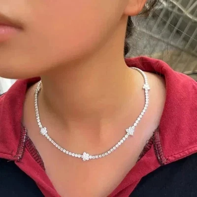 11CT Round Cut Lab Created Diamond Flower Tennis Necklace 14K White Gold Finish - Image 1 of 4