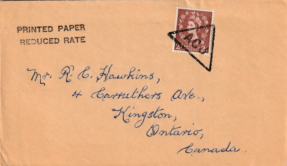 GB to Canada ACJ Triangle Cancel Queen Elizabeth 2d Wilding REDUCED RATE c1960 - Image 1 of 1
