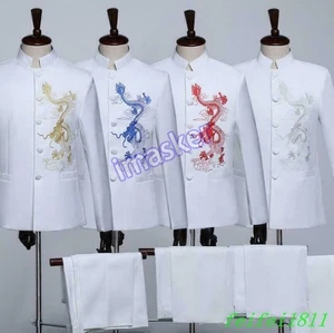 Men's Chinese Embroidery Stand Collar Dress Suit Slim Fit Coat Jacket Pants 2PCS - Picture 1 of 25
