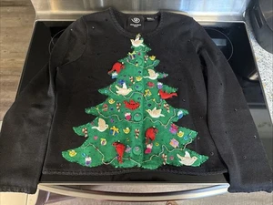Vtg Christmas Sweater Michael Simon Tree Birds Beaded Cardigan Black med - Picture 1 of 13