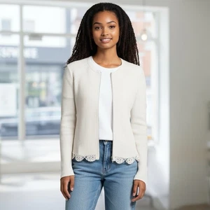 CYNTHIA ROWLEY L White Cotton Ribbed Sweater Shrug Cardigan Lace Scallop R $198 - Picture 1 of 12