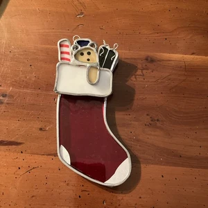 Vintage Buntglas Strumpf Ornament Weihnachtsbaum Metall Sonnenfänger - Bild 1 von 3