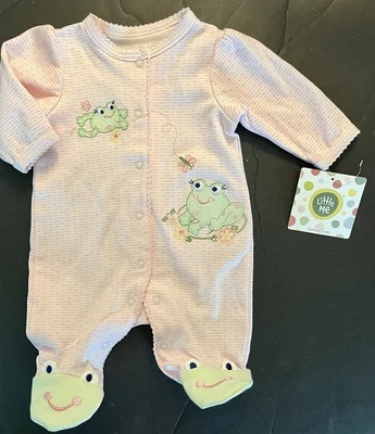 NWT Preemie LITTLE ME vintage Pink 100% Cotton Snap FROG FOOTIE Footed SLEEPER - Image 1 of 4