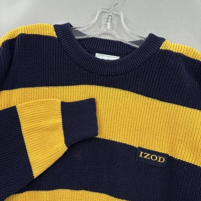 Suéter De Colección Izod Para Hombres Mediano Azul Marino Amarillo Rugby Rayas Tejido Cuello Redondo Pullover Foto 1 de 4