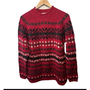 Eddie Bauer VTG 90s Nordic Fair Isle Red Winter Ski Pullover Chunky Knit Women L - Picture 1 of 7