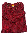 Ruby Rd Womens Medium Beaded Embellished Pullover Blouse Red Black